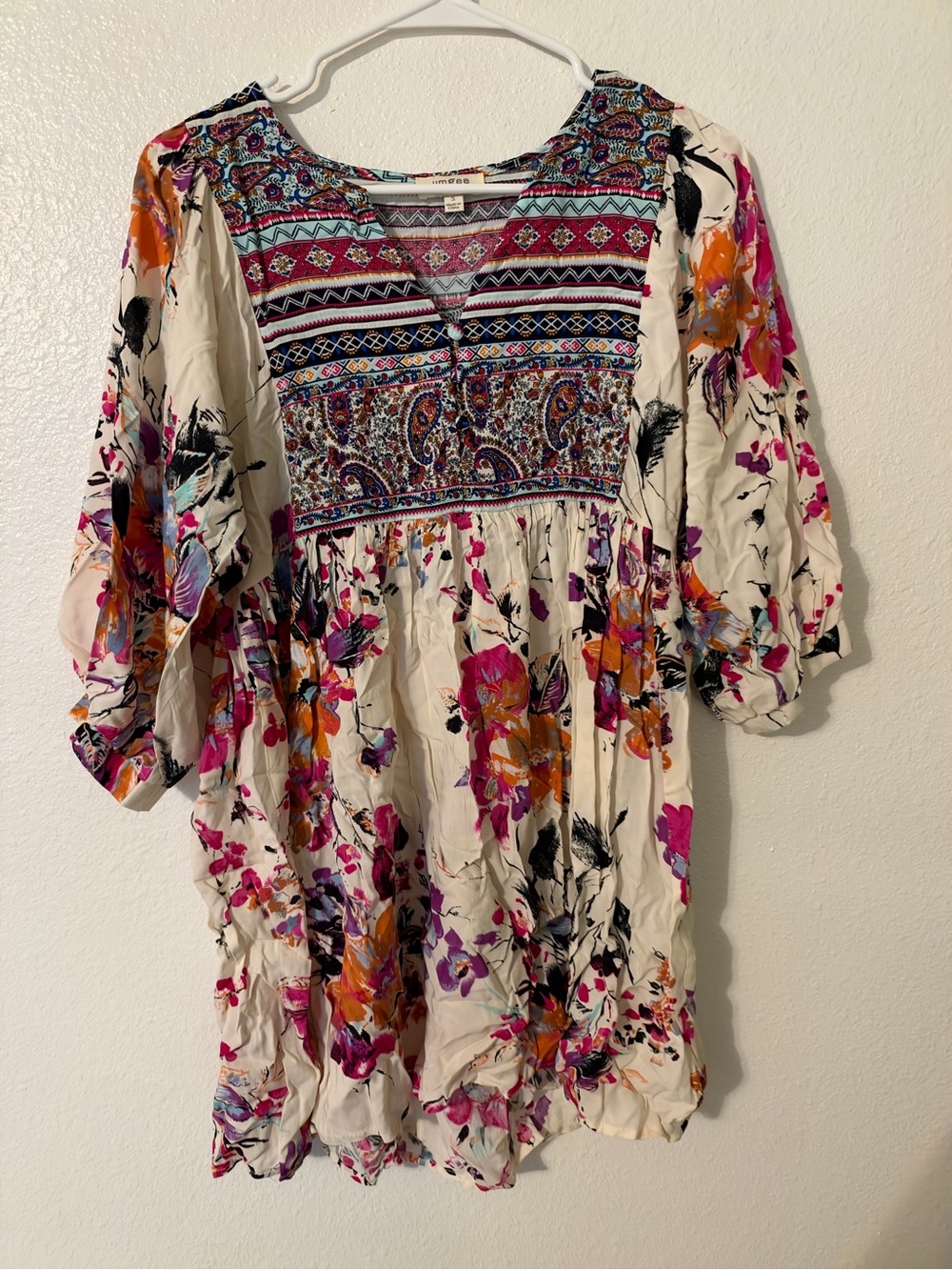Umgee Floral Embroidered Peasant Tunic - Cream with Pink & Orange